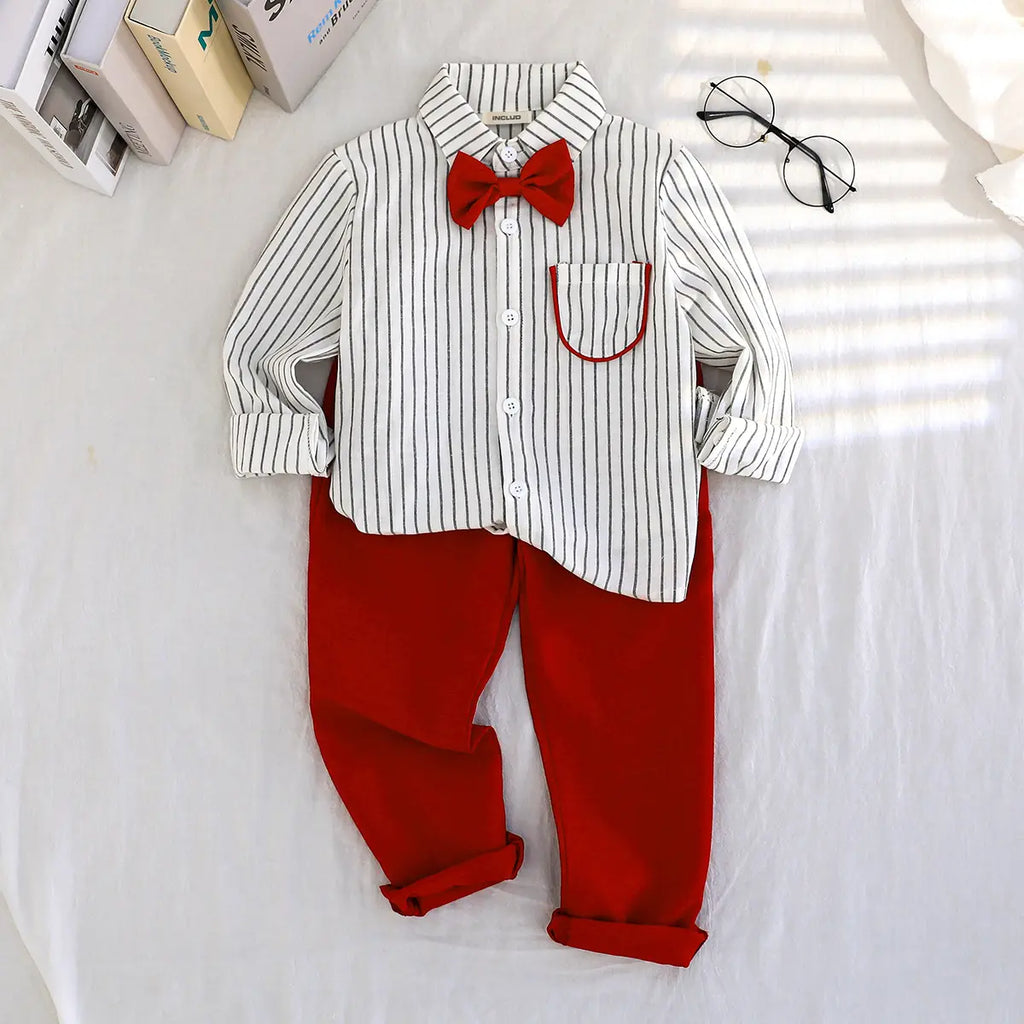 Boys White Stripes Long Sleeves Shirt With Pants Sets 2 pc. Sets White 2-3 Y