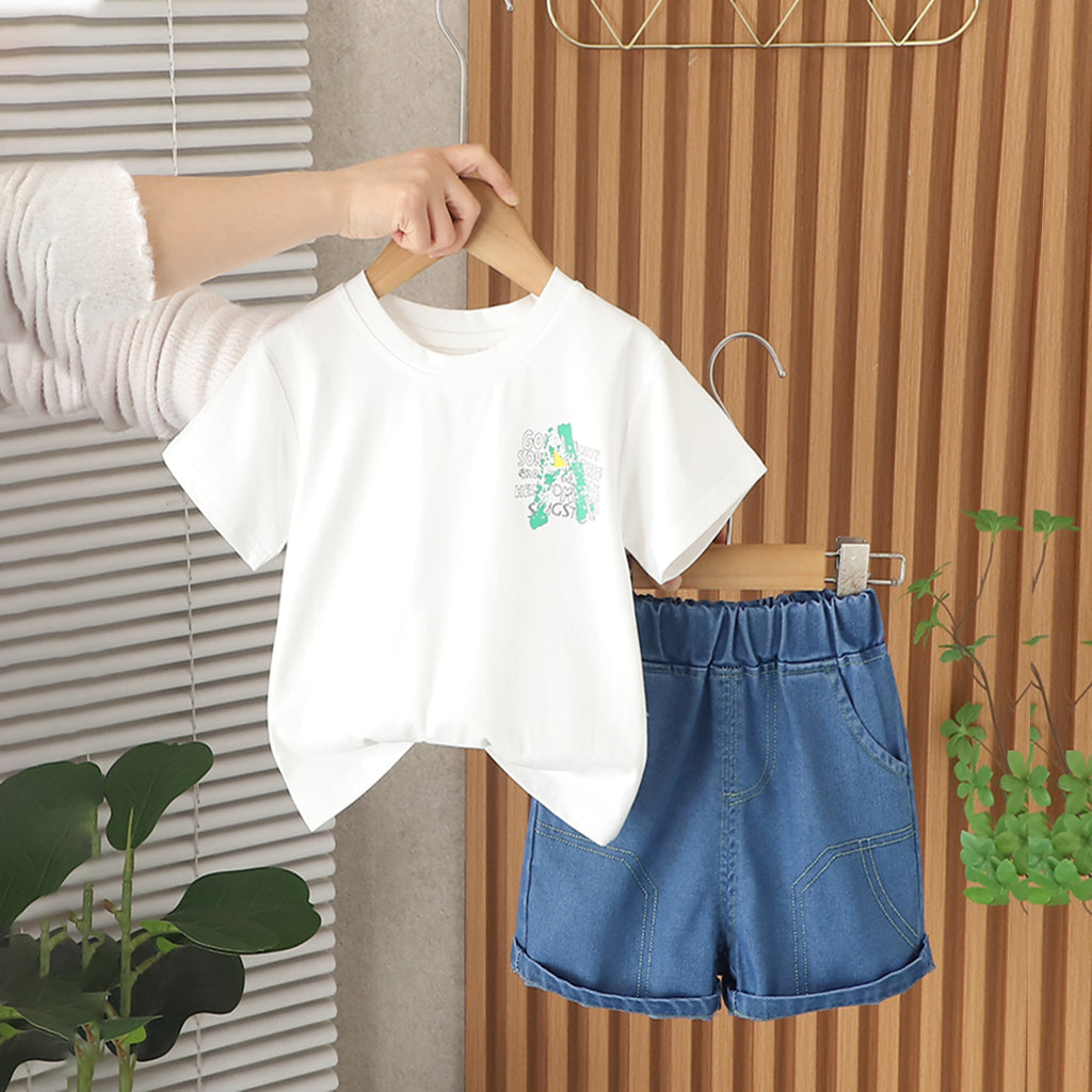 Boys White Typographic Printed Short Sleeves T-Shirt With Denim Shorts Set 2 pc. Sets White 1-2 Y