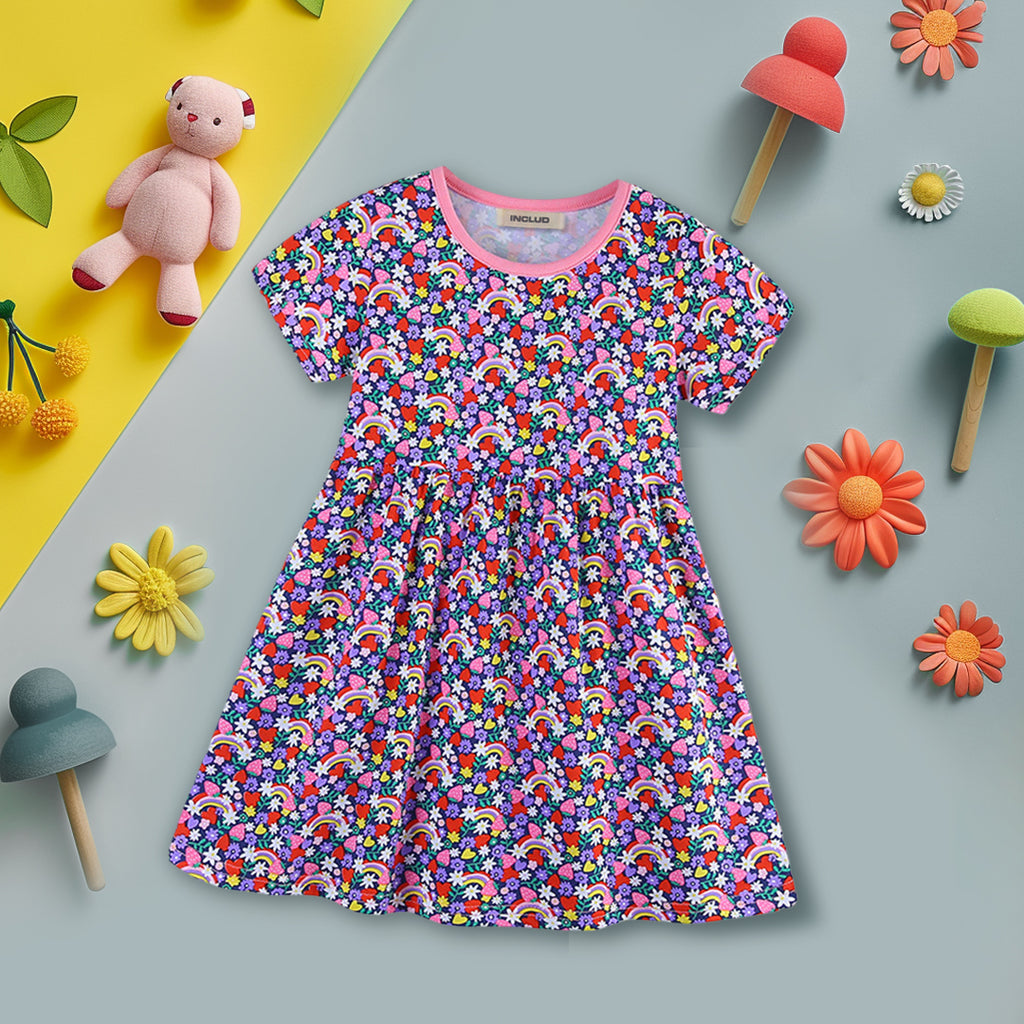 Girls Floral Print Short Sleeves Dress Casual Dresses Multicolor 1-2 Y 
