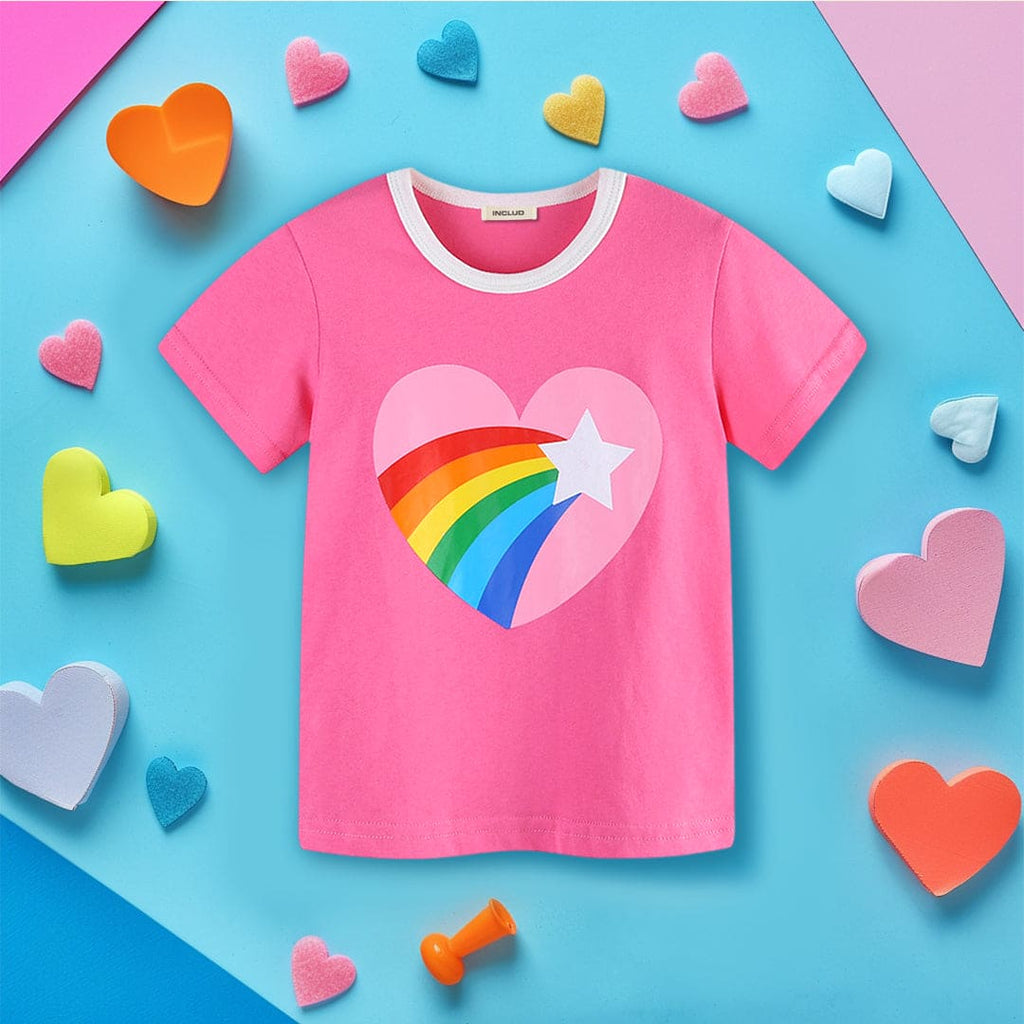 Girls Heart Print Short Sleeves T-Shirt Tshirts Pink 1-2 Y 