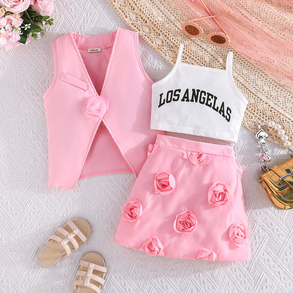 Girls Pink Rose Applique Waist Coat With Camisole Top And Skirts Set 3 pc. Sets Pink 2-3 Y
