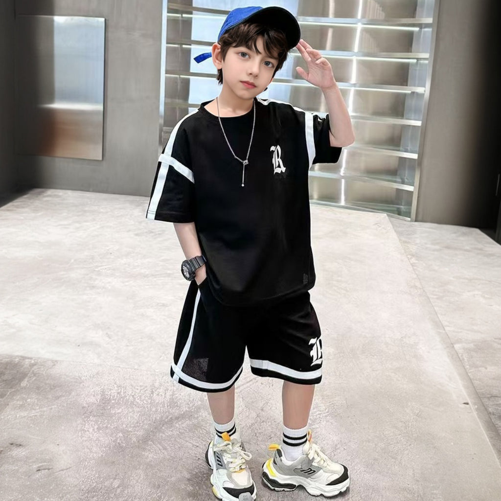 Boys Black Typographic Printed Short Sleeve T-Shirt With Shorts Sets 2 pc. Sets Black 5-6 Y