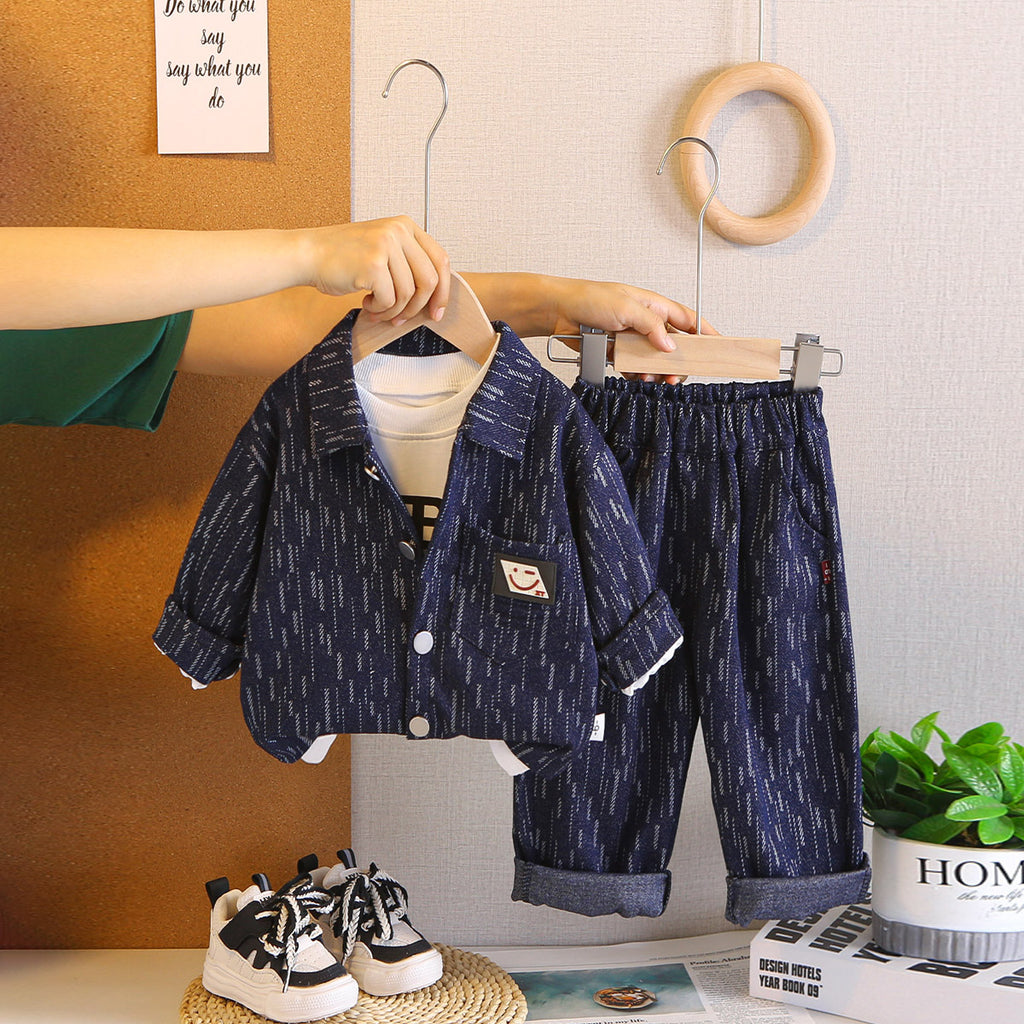 Boys Blue Abstract Printed Shirt With T-Shirt & Pants Set Sets Blue 1-2 Y