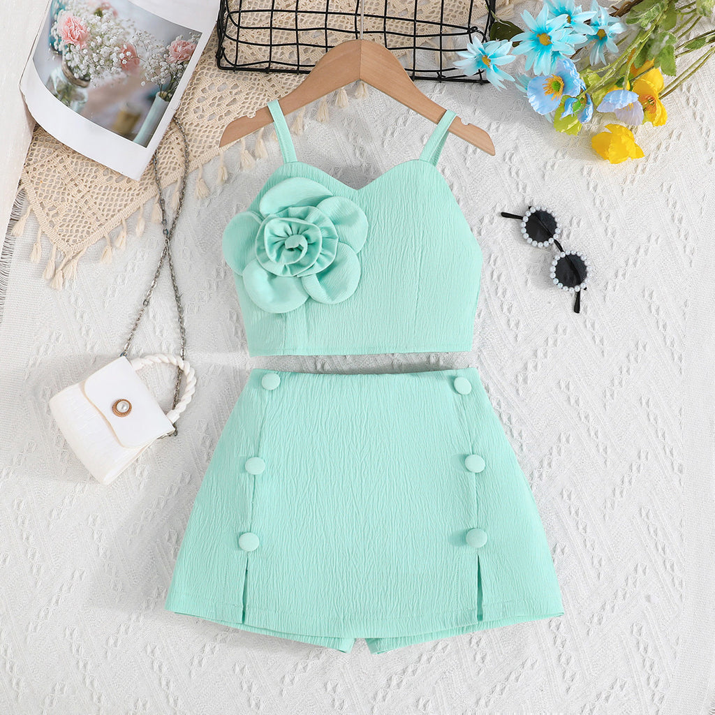 Girls Light Green Flower Appliqued Top With Skorts Set 2 pc. Sets Light Green 1-2 Y