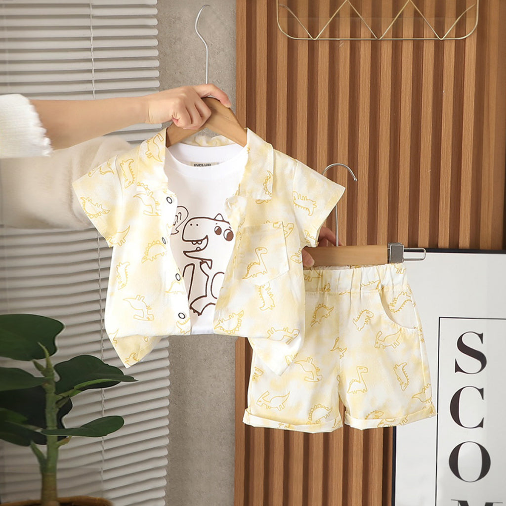 Boys Yellow Dinosaur Printed Shirt With Sleeveless T-Shirt And Shorts Set 3 pc. Sets Yellow 1-2 Y