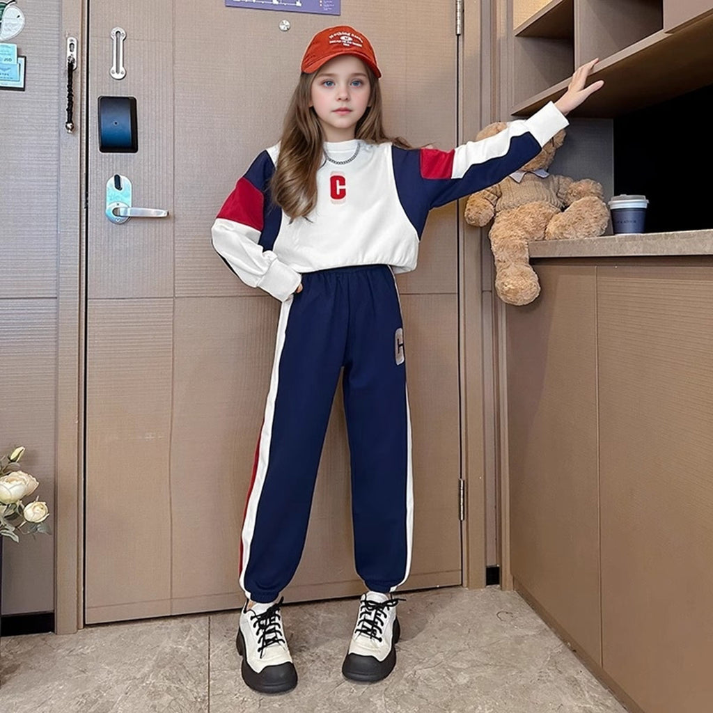 Girls White Color-blocked Sweatshirt With Jogger Winter Set 2 pc. Sets White 5-6 Y