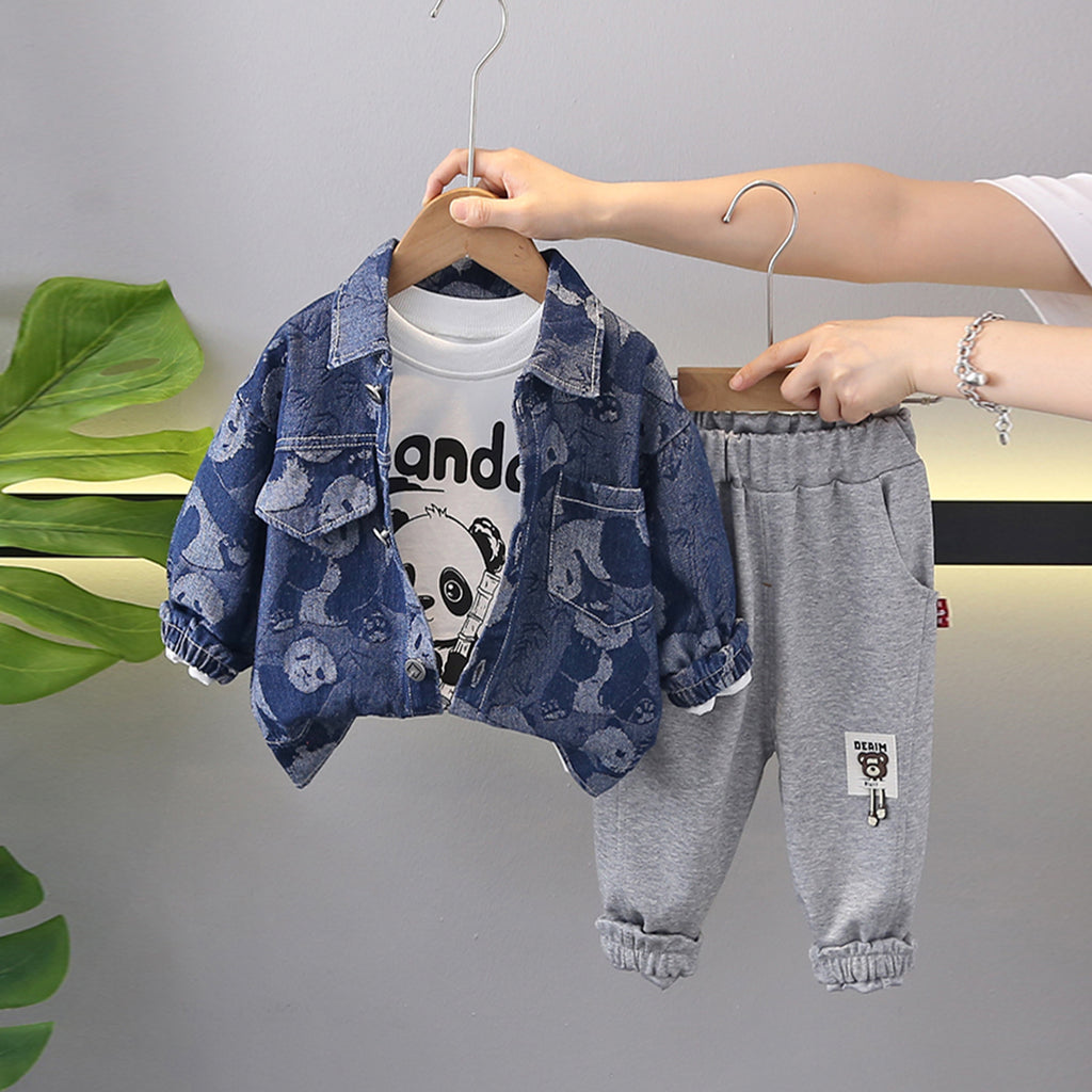 Boys Blue Panda Printed Shacket With T-Shirt & Joggers Set Sets Blue 1-2 Y