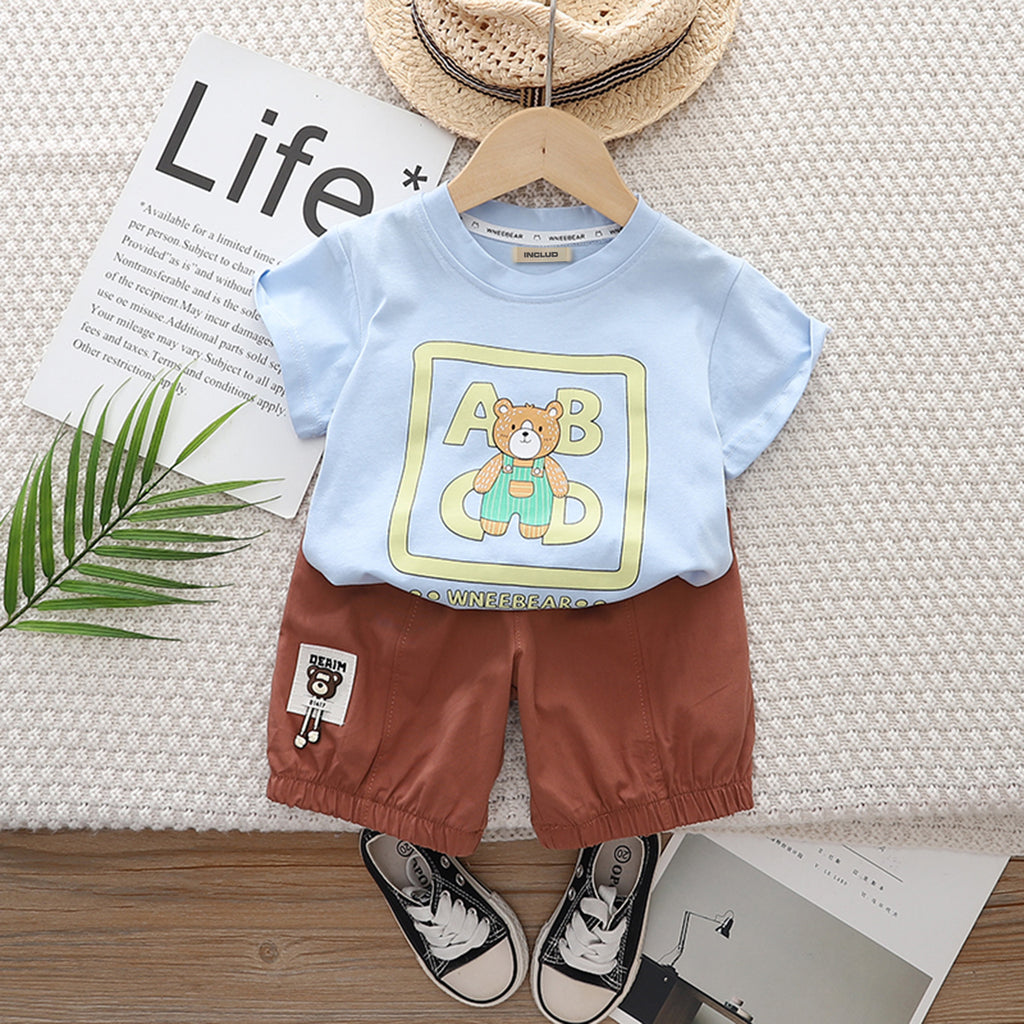 Boys Sky Blue Teddy Print Short Sleeve T-Shirt With Elasticated Shorts Set 2 pc. Sets Sky Blue 1-2 Y