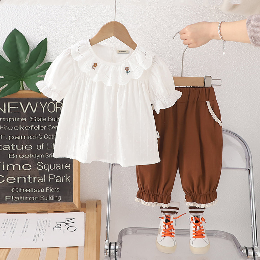 Girls Short Sleeves Peter Pan Top With Brown Pants Set 2 pc. Sets Brown 1-2 Y