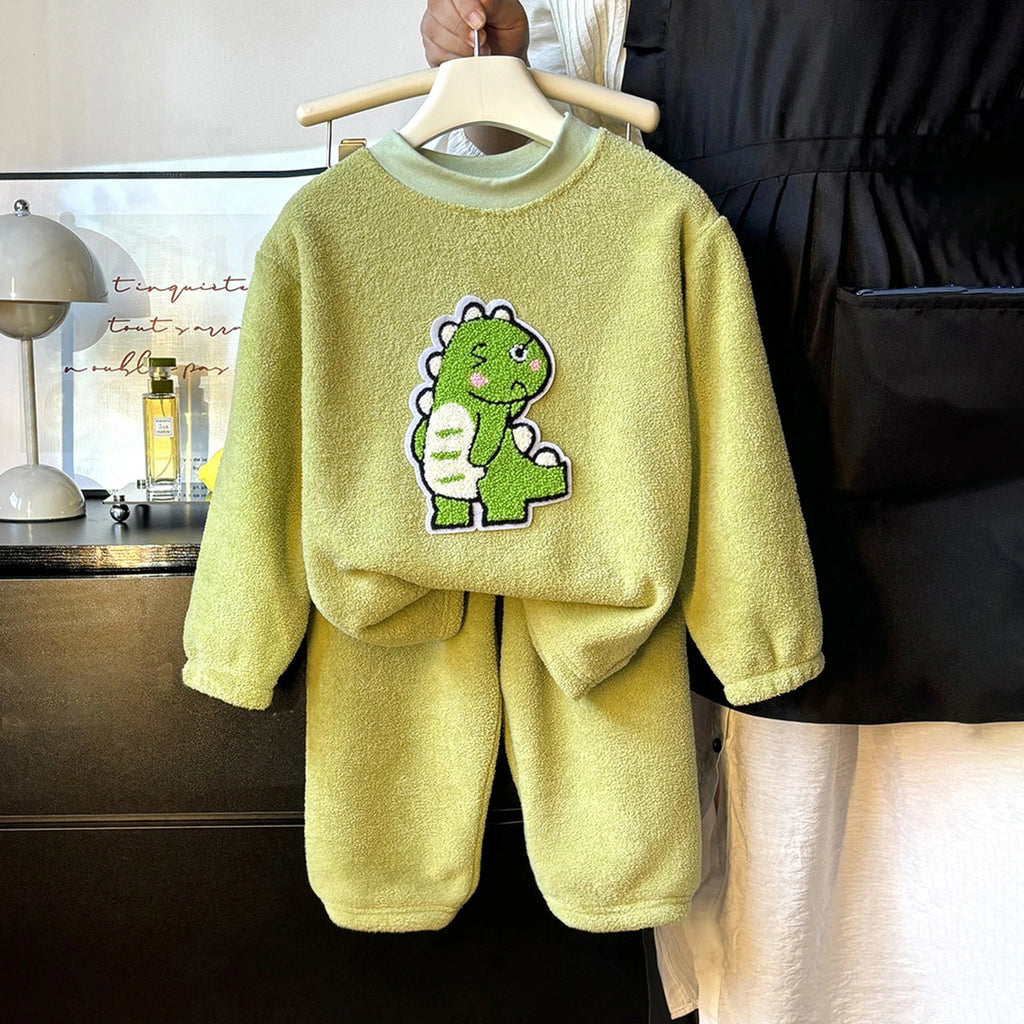 Girls Green Fleece Dinosaur Applique Top With Pants Sets Sets Green 1-2 Y