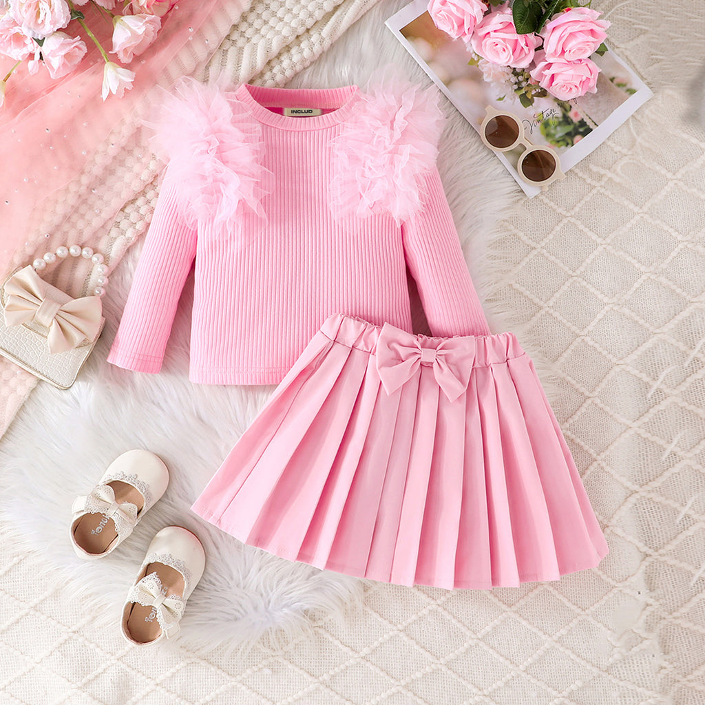 Girls Light Pink Solid Top With Pleated Skirt Winter Set 2 pc. Sets Light Pink 1-2 Y