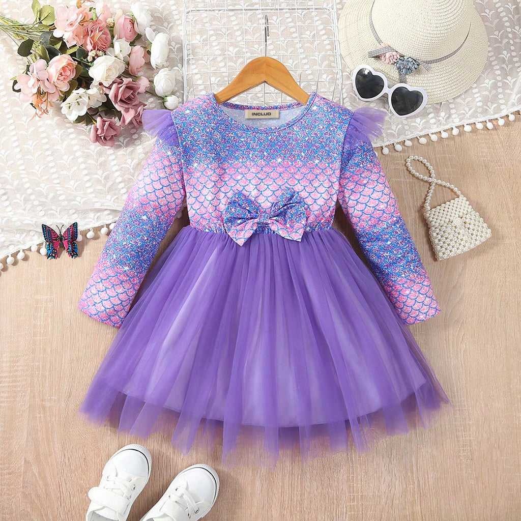 Girls Purple Mermaid Inspired Full Sleeves Tulle Overlay Dress Casual Dresses Purple 3-4 Y