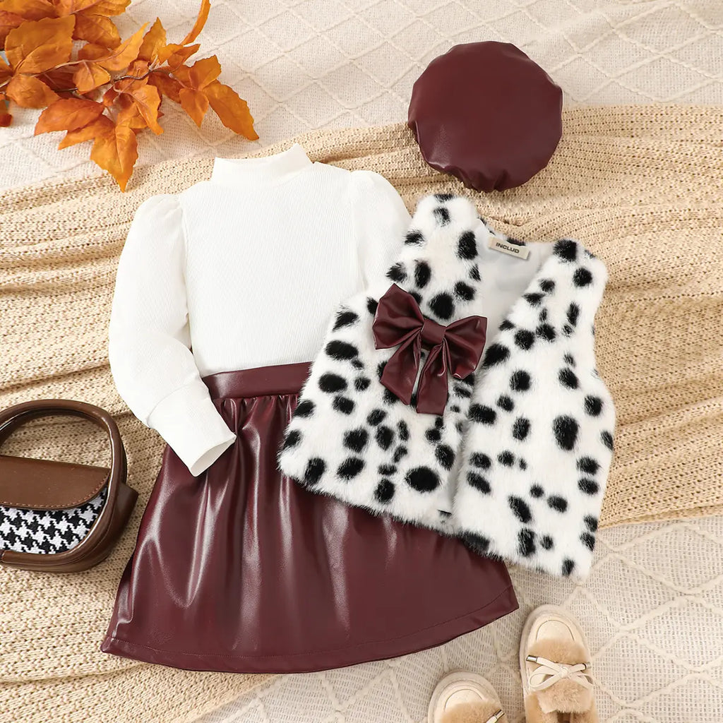 Girls Long Sleeve T-Shirt With Faux Fur Vest & Brown Faux Leather Skirt & Hat Sets Sets Brown 2-3 Y