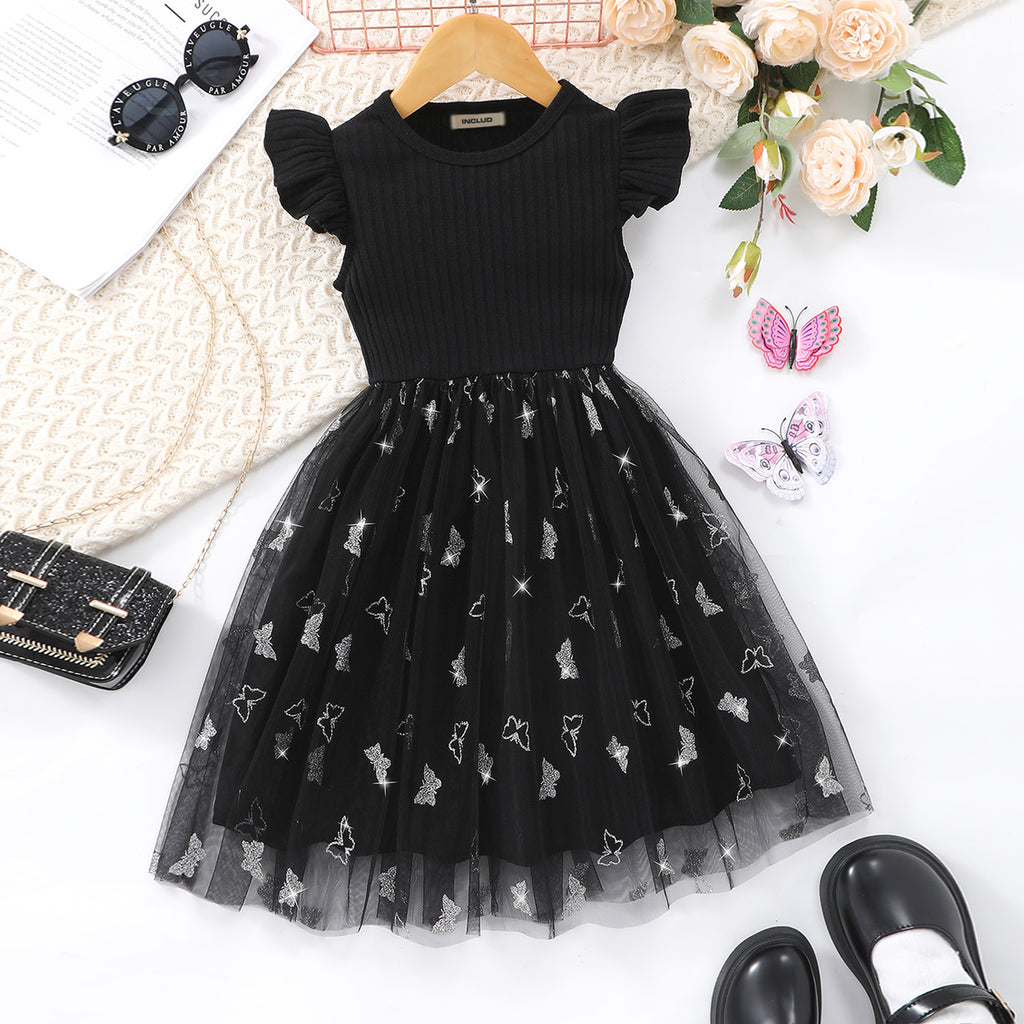 Girls Black Butterfly Printed flutter Short Sleeves Dress Casual Dresses Black 2-3 Y