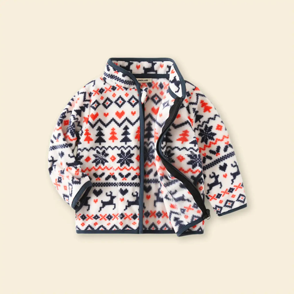 Boys White Polar Fleece Zipper Jacket With Self Design Christmas Themed Patterns Coats & Jackets White 1-2 Y