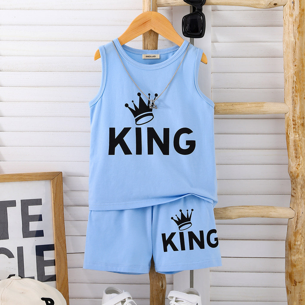 Boys Blue Sleeveless King Print T-Shirt With Elasticated Shorts Set 2 pc. Sets Blue 3-4 Y