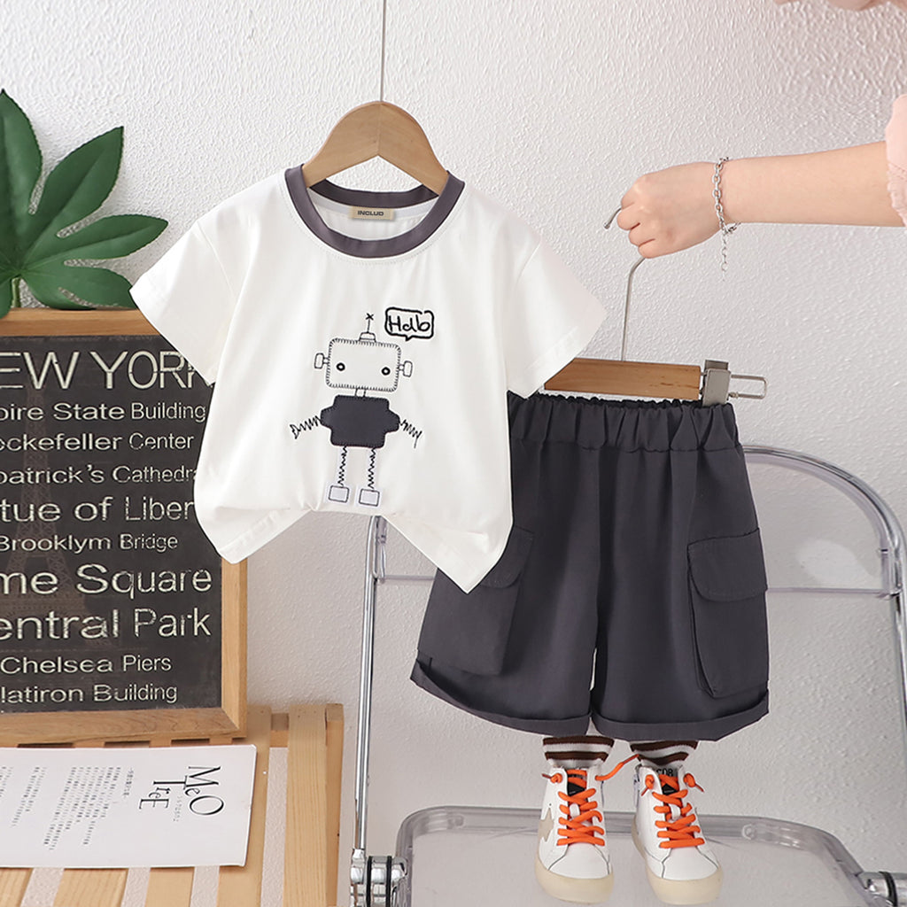 Boys Robot Graphic Short Sleeves T-Shirt With Grey Cargo Shorts Set 2 pc. Sets Grey 1-2 Y