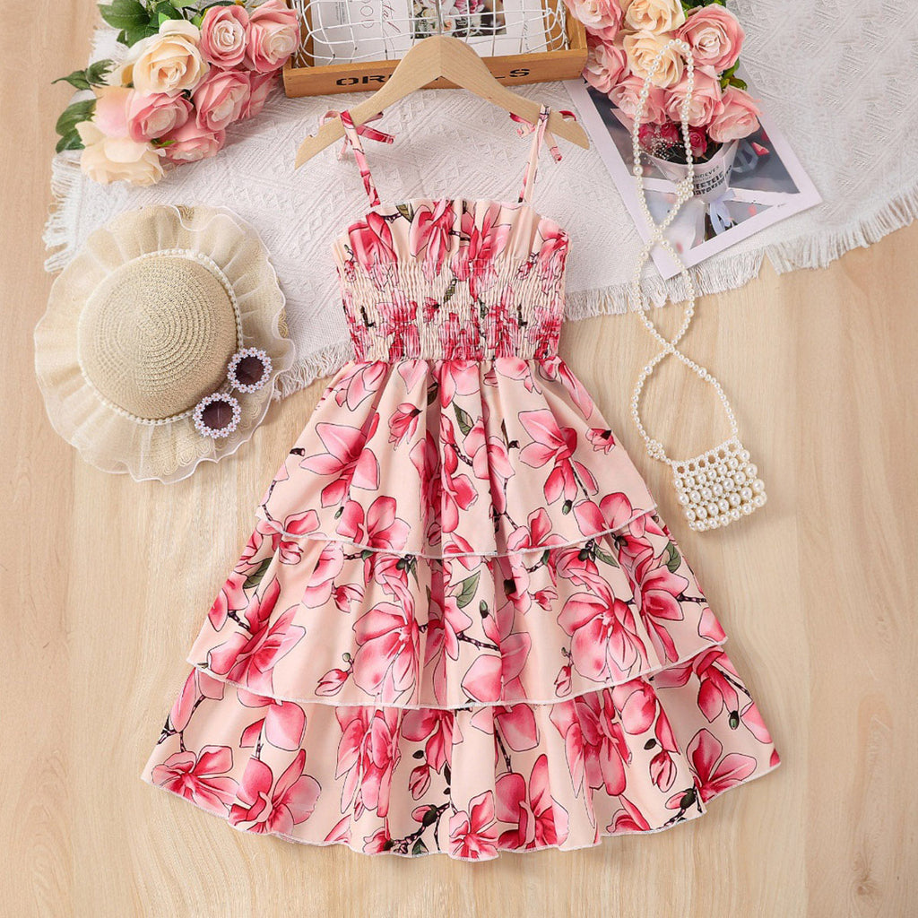 Girls Pink Floral Printed Sleeveless Smocked Fit And Flared Dress Casual Dresses Pink 3-4 Y