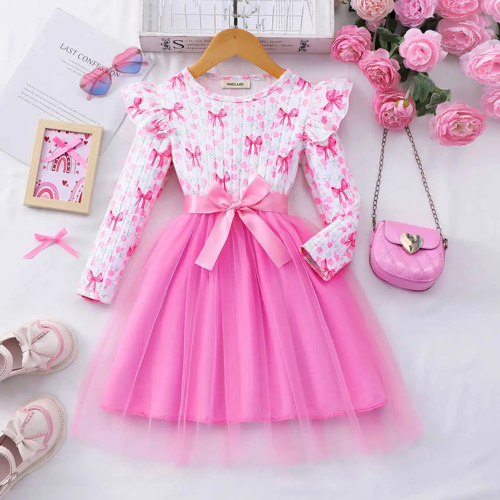 Girls Pink Bow Printed Tulle Overlay Skirt Fit & Flare Dress Casual Dresses Pink 3-4 Y