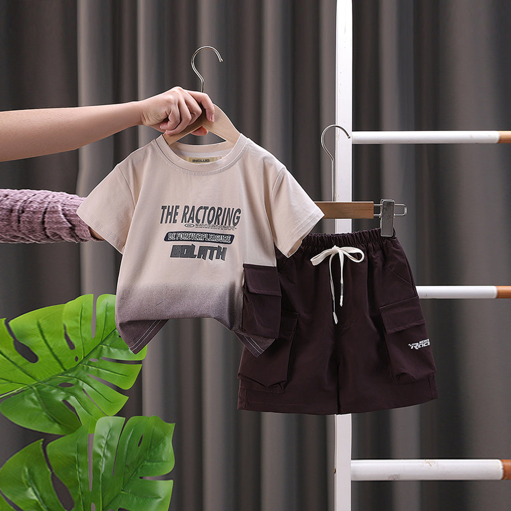 Boys Typographic Printed Contrast Pocketed T-Shirt With Dark Brown Cargo Shorts Set 2 pc. Sets Dark Brown 1-2 Y