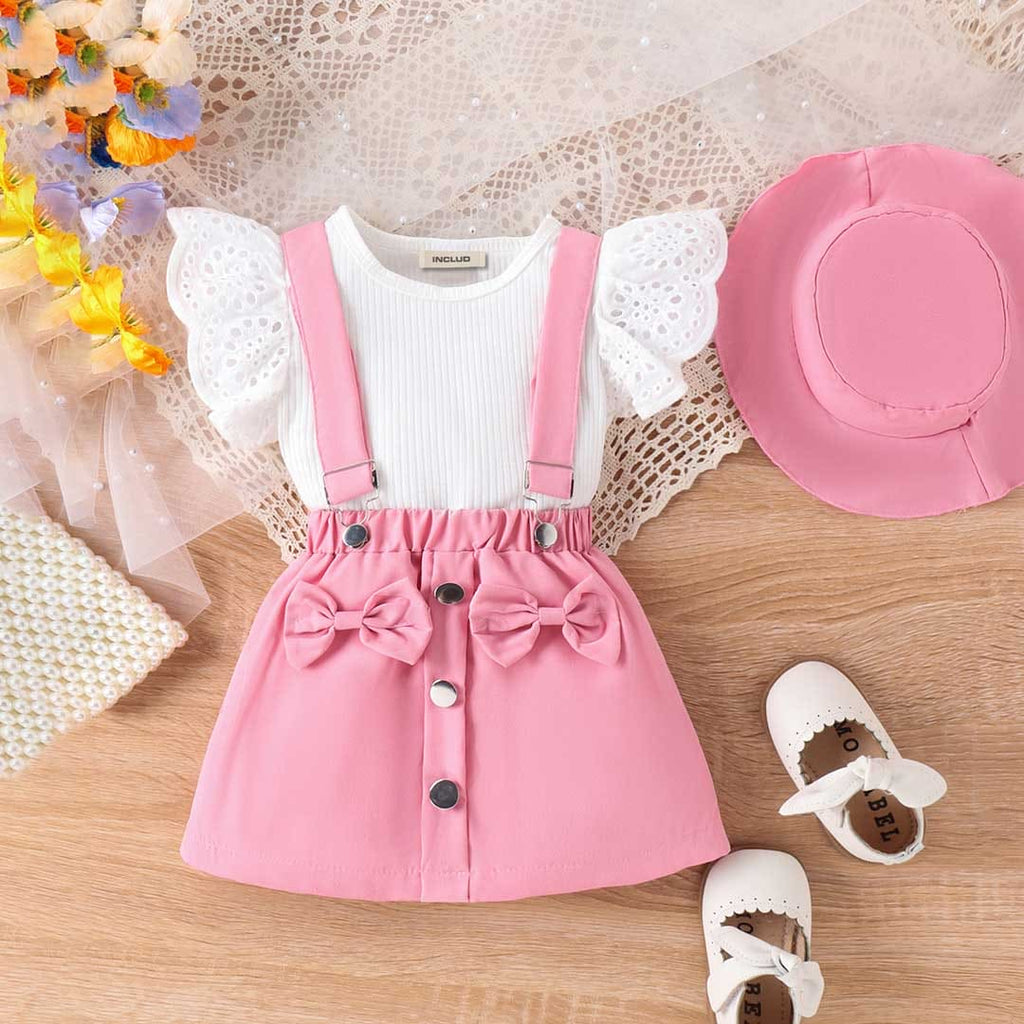 Girls Flared Sleeve Top With Suspender Skirt & Hat Set Sets Pink 1-2 Y 