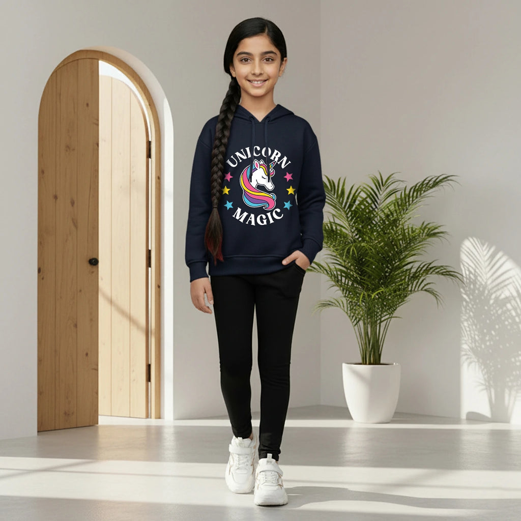 Girls Navy Blue Unicorn Magic Graphics Hooded Sweatshirt Sweatshirts & Hoodies Navy Blue 1-2 Y