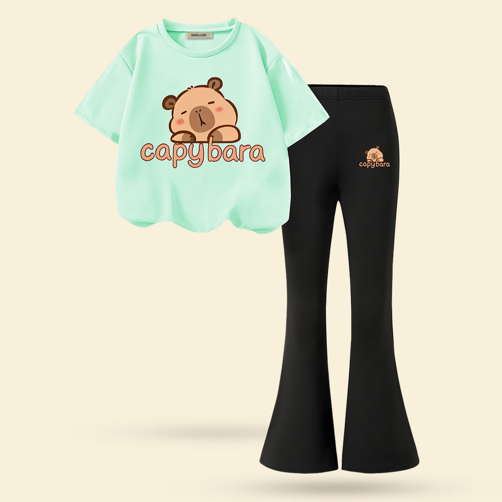 Girls Green Teddy Print Short Sleeve Top With Bell Bottom Pants Set 2 pc. Sets Green 7-8 Y