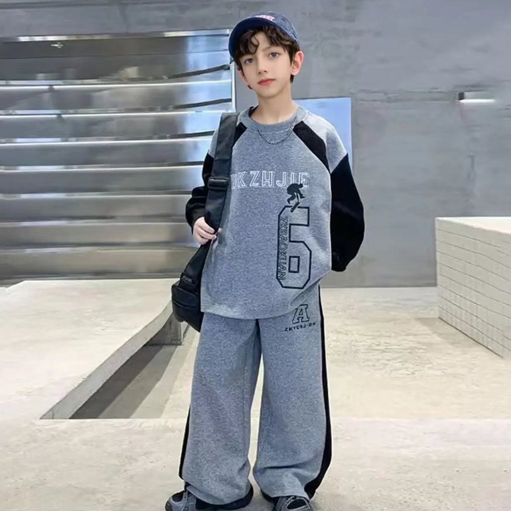 Boys Grey Alphanumeric Printed Oversized t-Shirt With Pants Set Sets Grey 5-6 Y