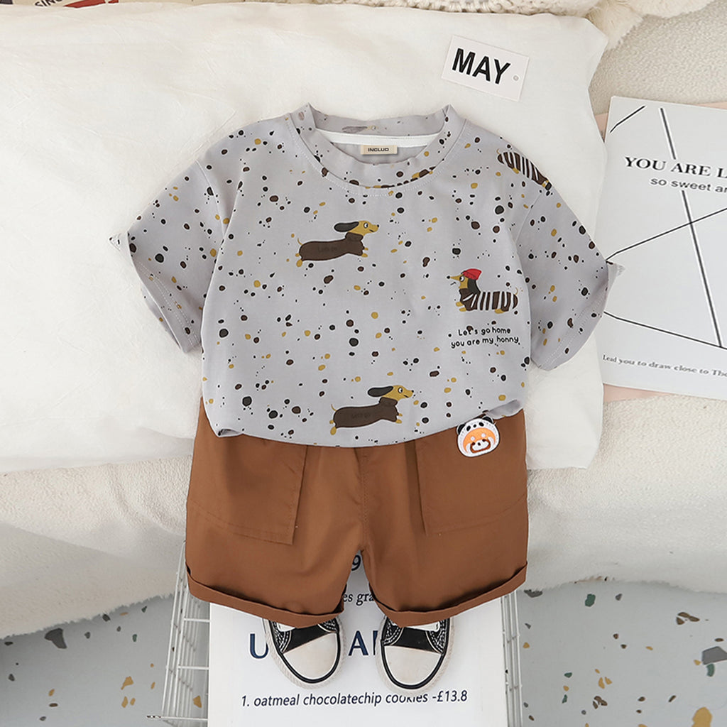 Boys Light Grey Puppy Printed Short Sleeves T-Shirt With Shorts Set 2 pc. Sets Light Grey 1-2 Y
