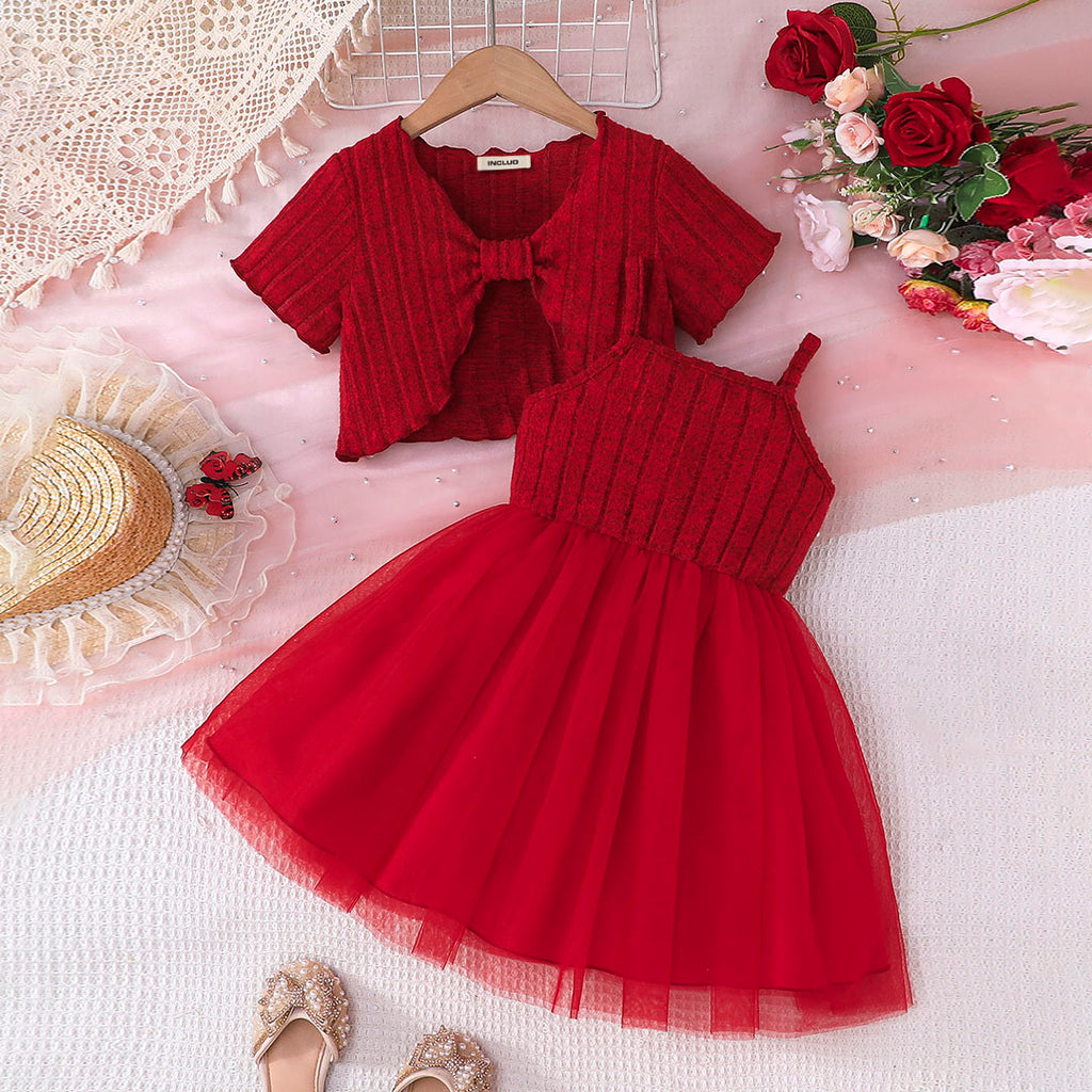 Girls Red Short Sleeve Top With Sleeveless Fit & Flare Dress Casual Dresses Red 2-3 Y