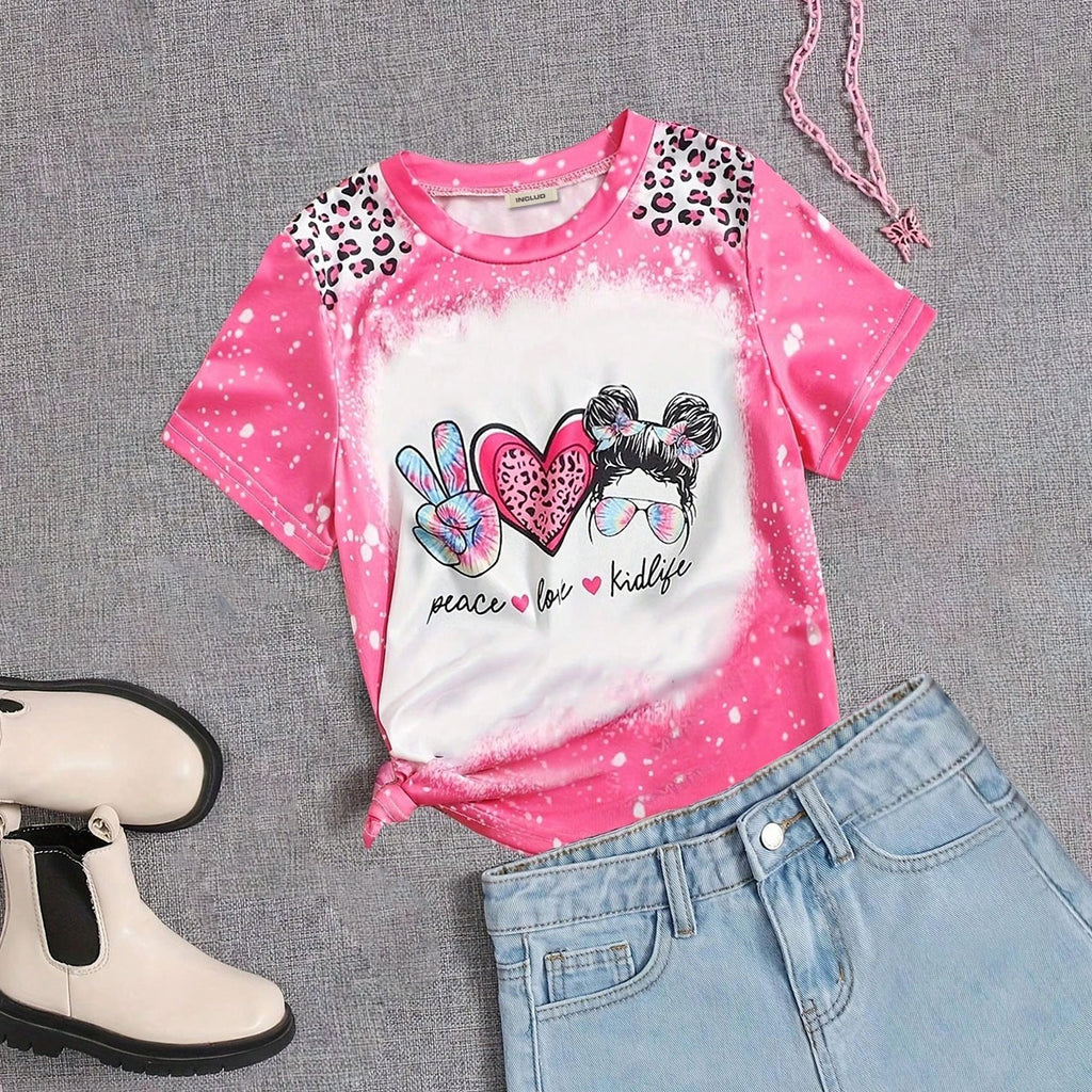 Girls Pink Graphic Short Sleeves Round Neck T-Shirt Tshirts Pink 3-4 Y