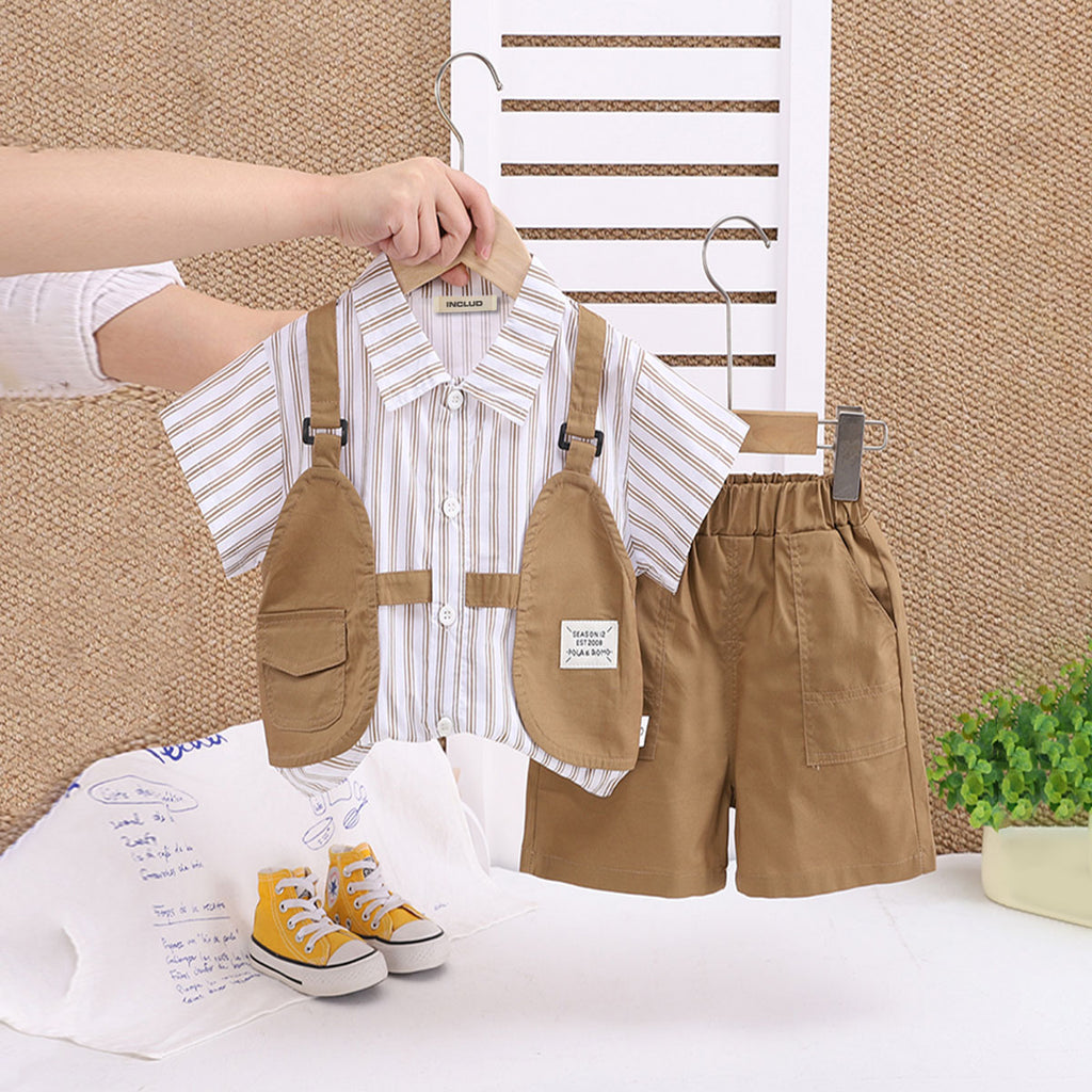 Boys Khaki Striped Short Sleeve Shirt With Shorts Set 2 pc. Sets Khaki 1-2 Y