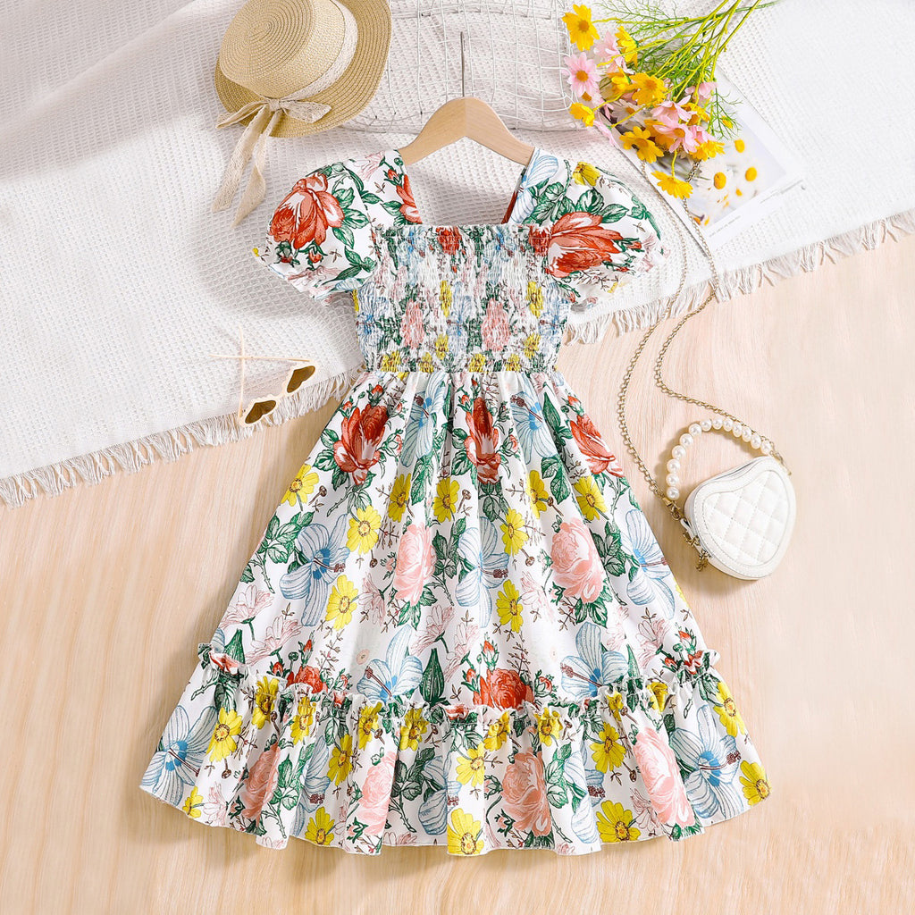 Girls Multicolor Floral Printed Puff Sleeves Square Neck Fit & Flare Dress Casual Dresses Multicolor 3-4 Y