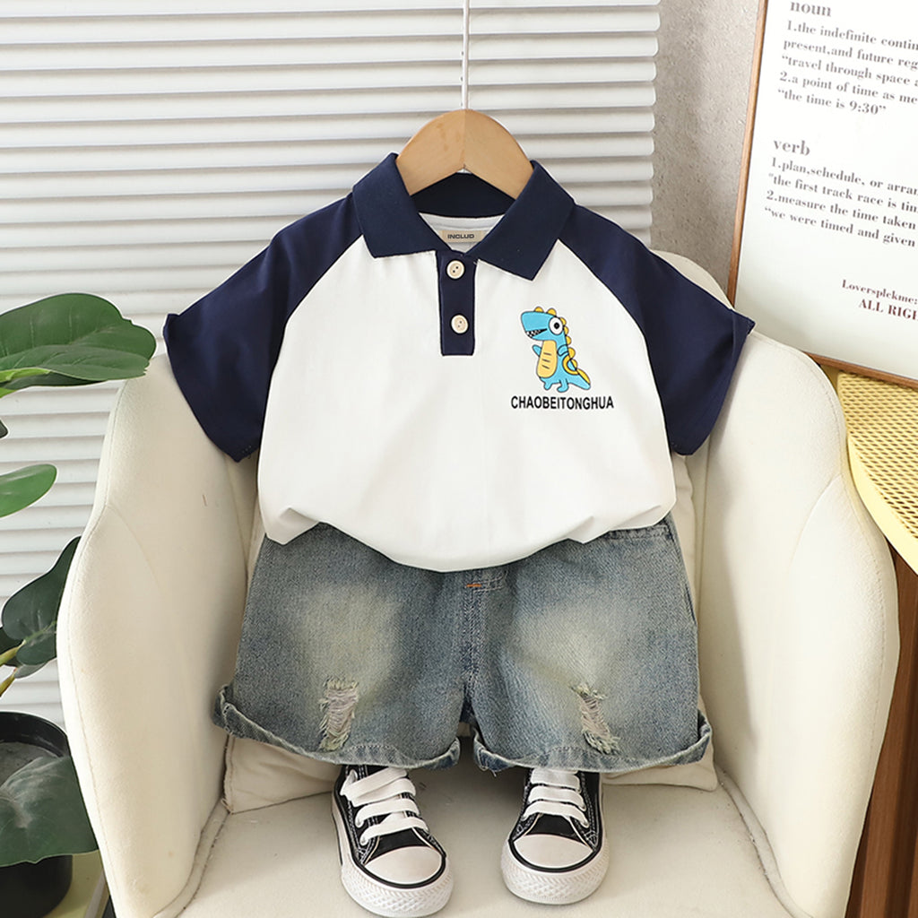 Boys Multicolor Dinosaur Graphic Polo T-Shirt With Denim Shorts Set 2 pc. Sets Multicolor 1-2 Y