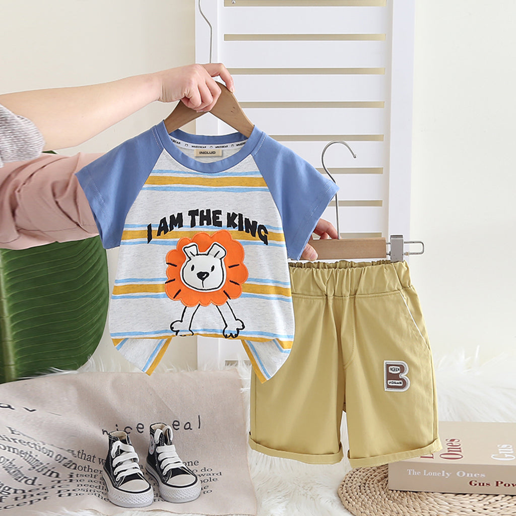 Boys Cartoon Lion Printed Raglan Sleeves T-Shirt With khaki Shorts Set 2 pc. Sets Khaki 1-2 Y