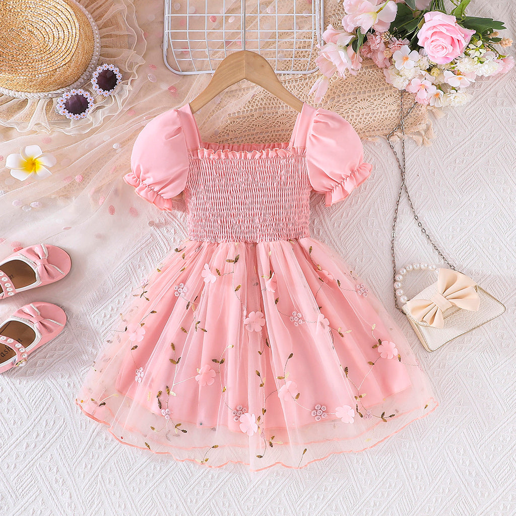 Girls Pink Flower Applique Puff Sleeve Fit & Flare Dress Casual Dresses Pink 3-4 Y