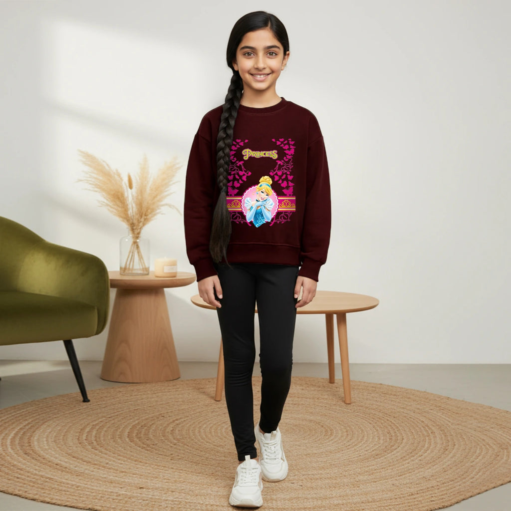 Girls Maroon Princess Graphics Round Neck Sweatshirt Sweatshirts & Hoodies Maroon 1-2 Y