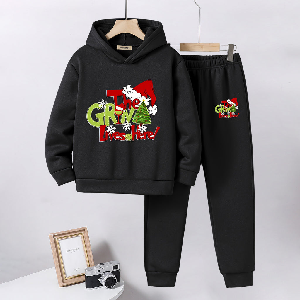 Boys Black Christmas Graphic Printed Hooded Sweatshirt with Joggers Set Sets Black 5-6 Y