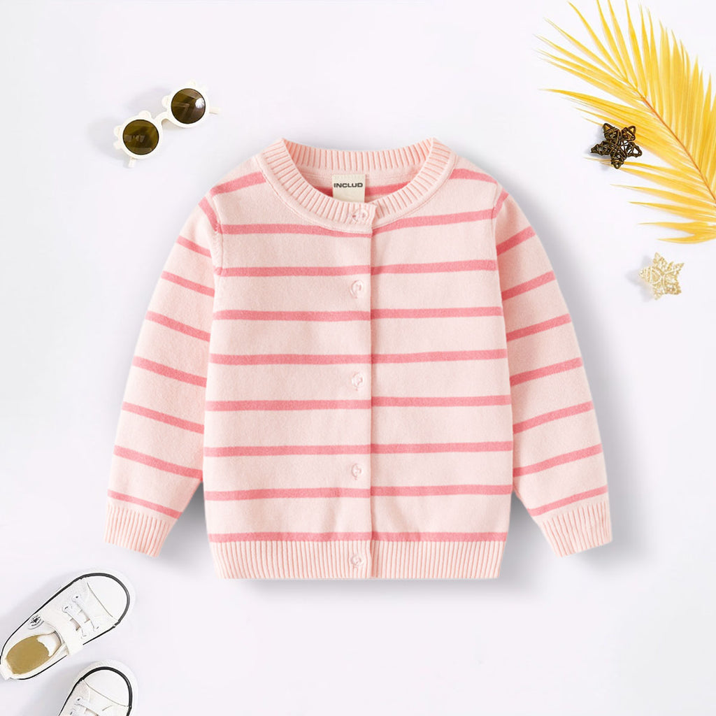 Girls Light Pink Cardigan With Self-design Stripe Patterns Sweaters & Cardigans Light Pink 2-3 Y
