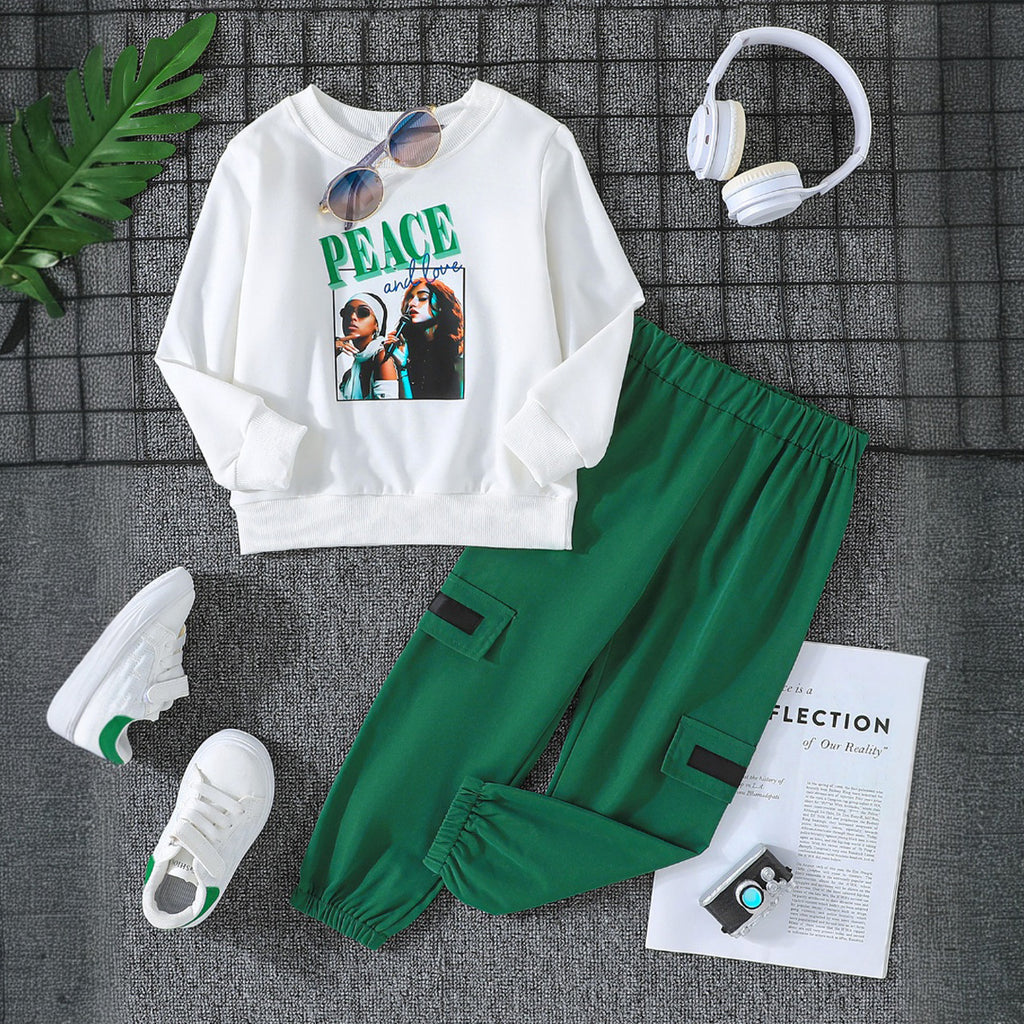 Girls White Printed Sweatshirt with Green Joggers Set Sets Green 3-4 Y