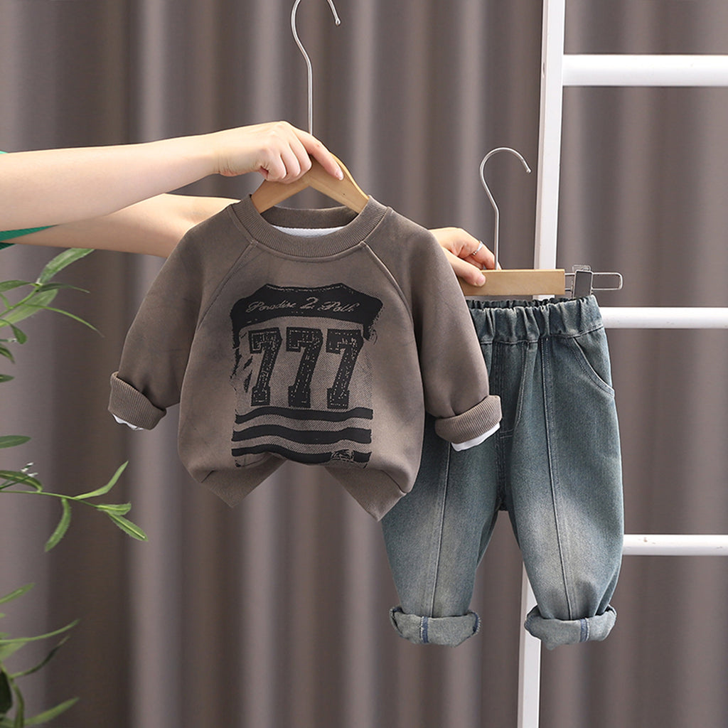 Boys Khaki Alphanumeric Printed Sweatshirt With Denim Pants Set 2 pc. Sets Khaki 1-2 Y