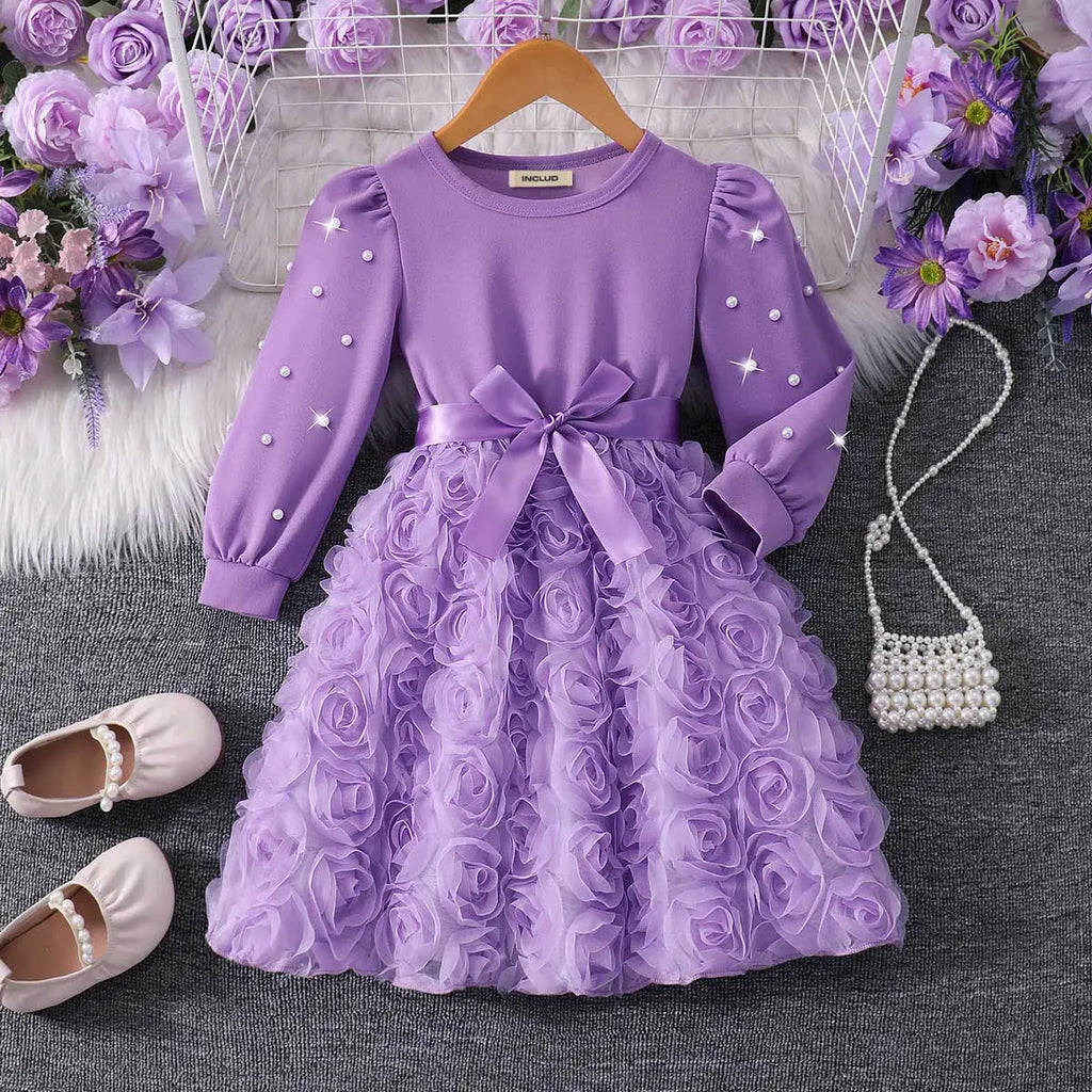 Girls Purple Rose Applique Tulle Overlay Fit & Flare Dress Casual Dresses Purple 3-4 Y
