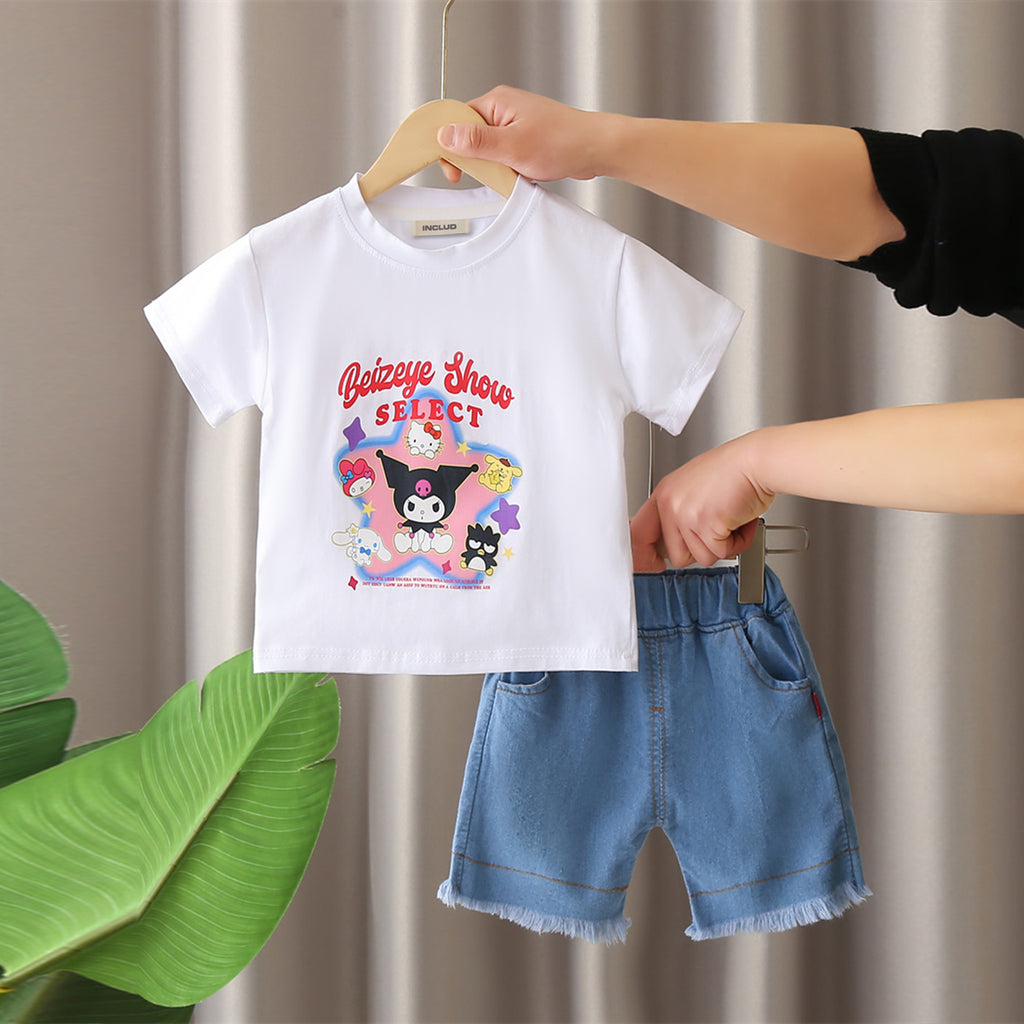 Boys White Cartoon Printed Short Sleeves T-Shirt With Denim Shorts Set 2 pc. Sets White 1-2 Y