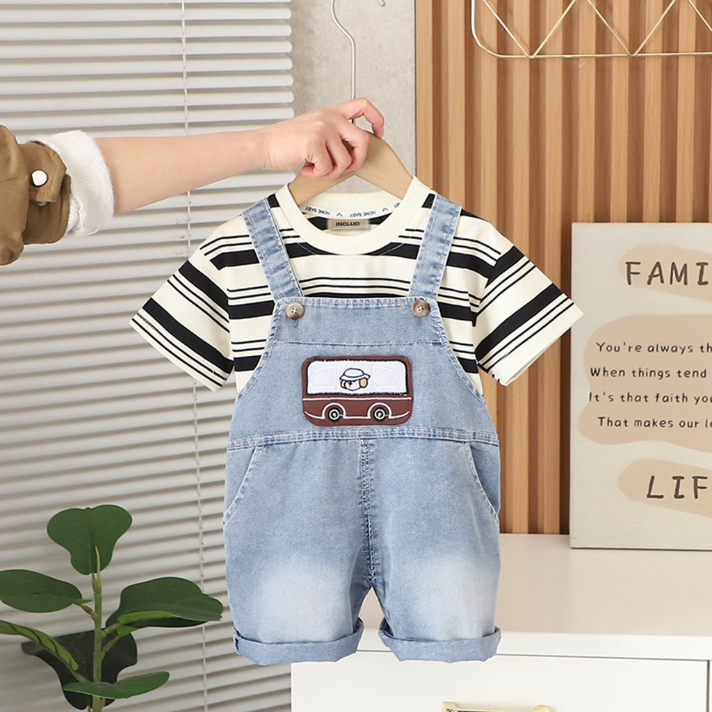 Boys Black Striped T-Shirt with Denim Dungaree Set Sets Black 1-2 Y
