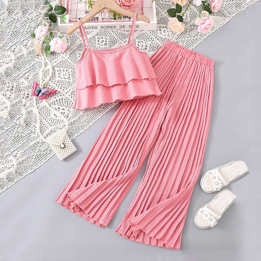 Girls Sleeveless Crop Top With Straight Fit Pants Sets 2 pc. Sets Pink 8-9 Y 