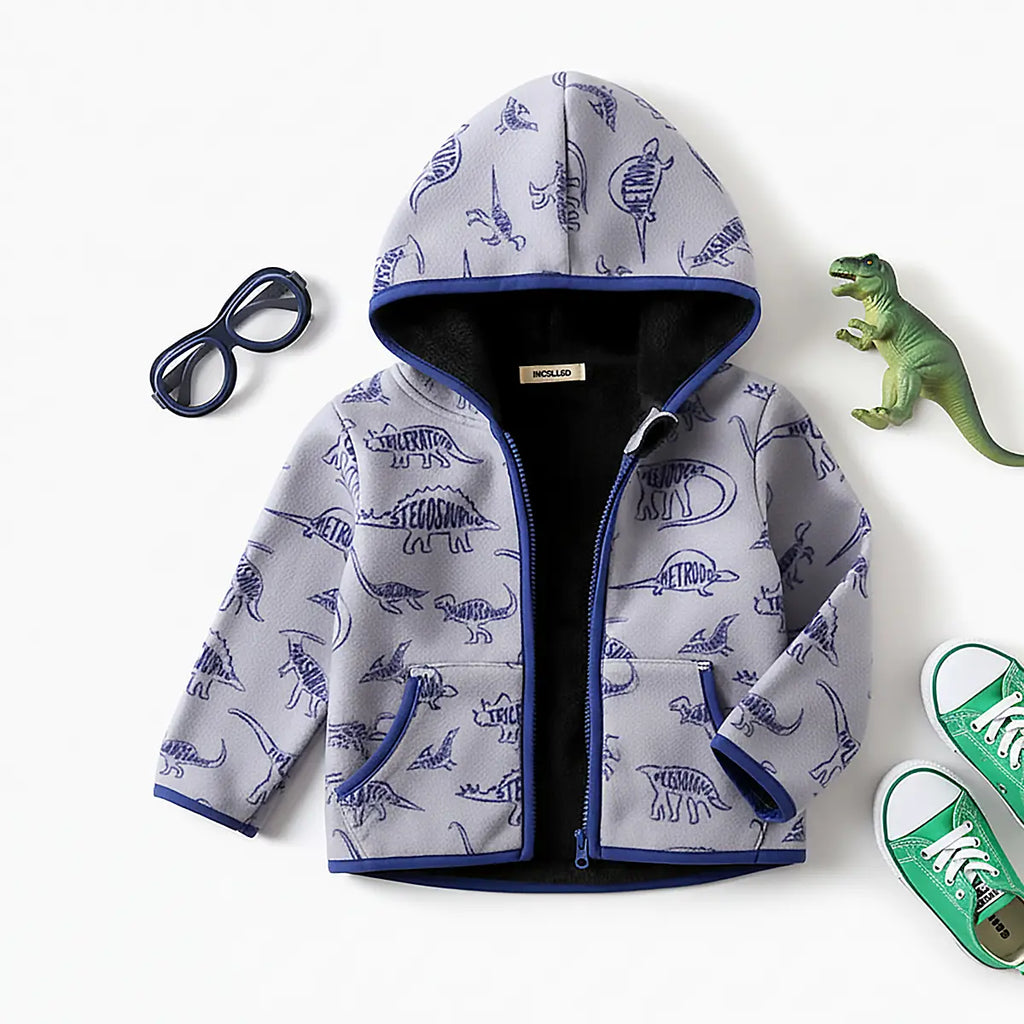 Boys Light Grey Dinosaur Printed Fleece Hooded Zip-up Jacket Coats & Jackets Light Grey 1-2 Y