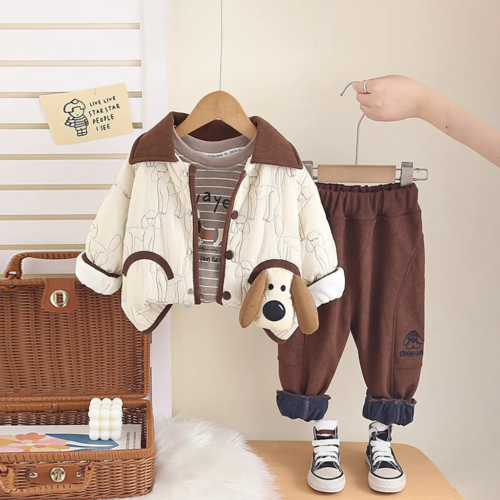 Boys Off White Dog Applique Quailed Jacket With T-Shirt & Jogger Sets Sets Off White 1-2 Y