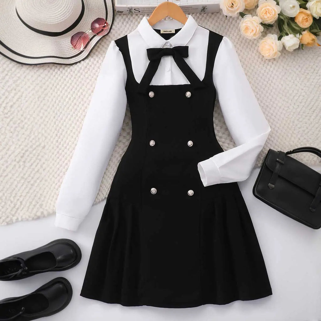 Girls Black Solid Long Sleeves Pinafore Dress Casual Dresses Black 12-13 Y
