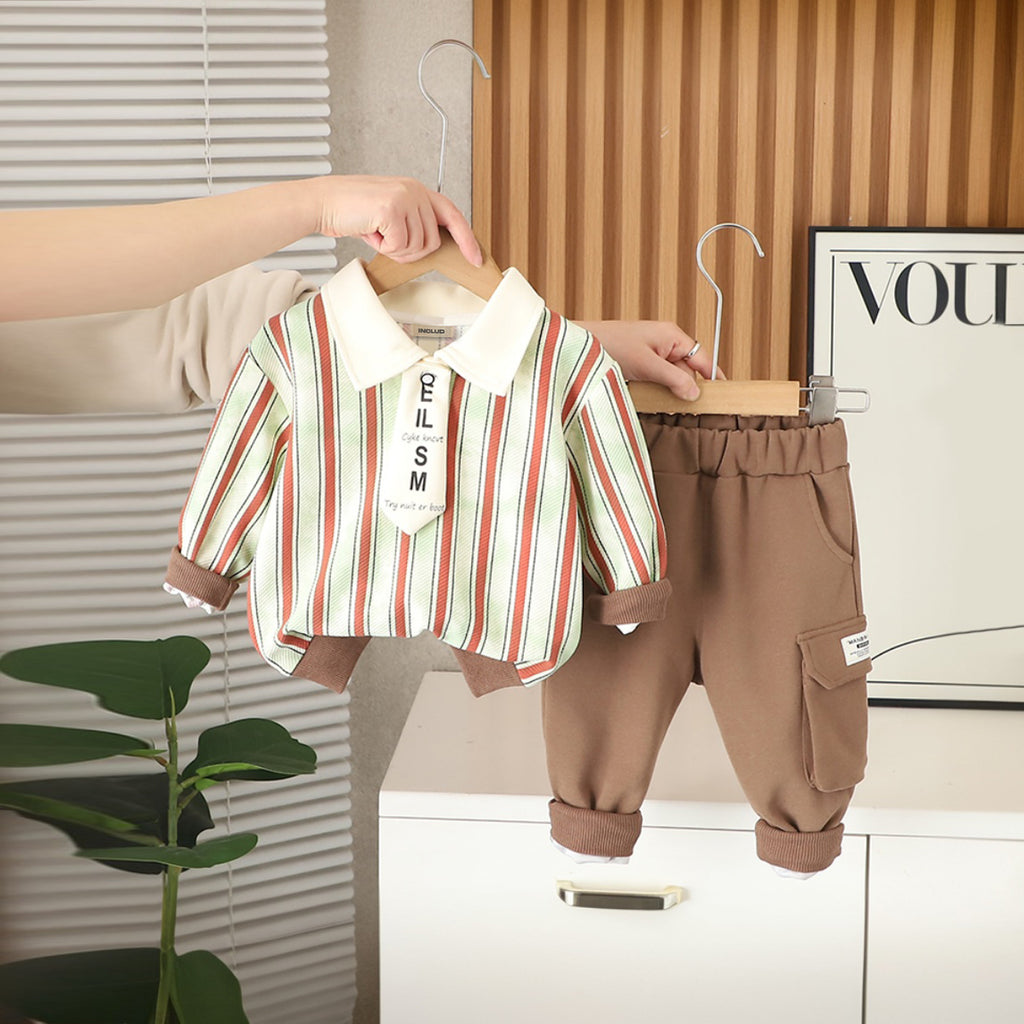 Boys Brown Stripes Polo Neck Sweatshirt With Pants Set 2 pc. Sets Brown 1-2 Y