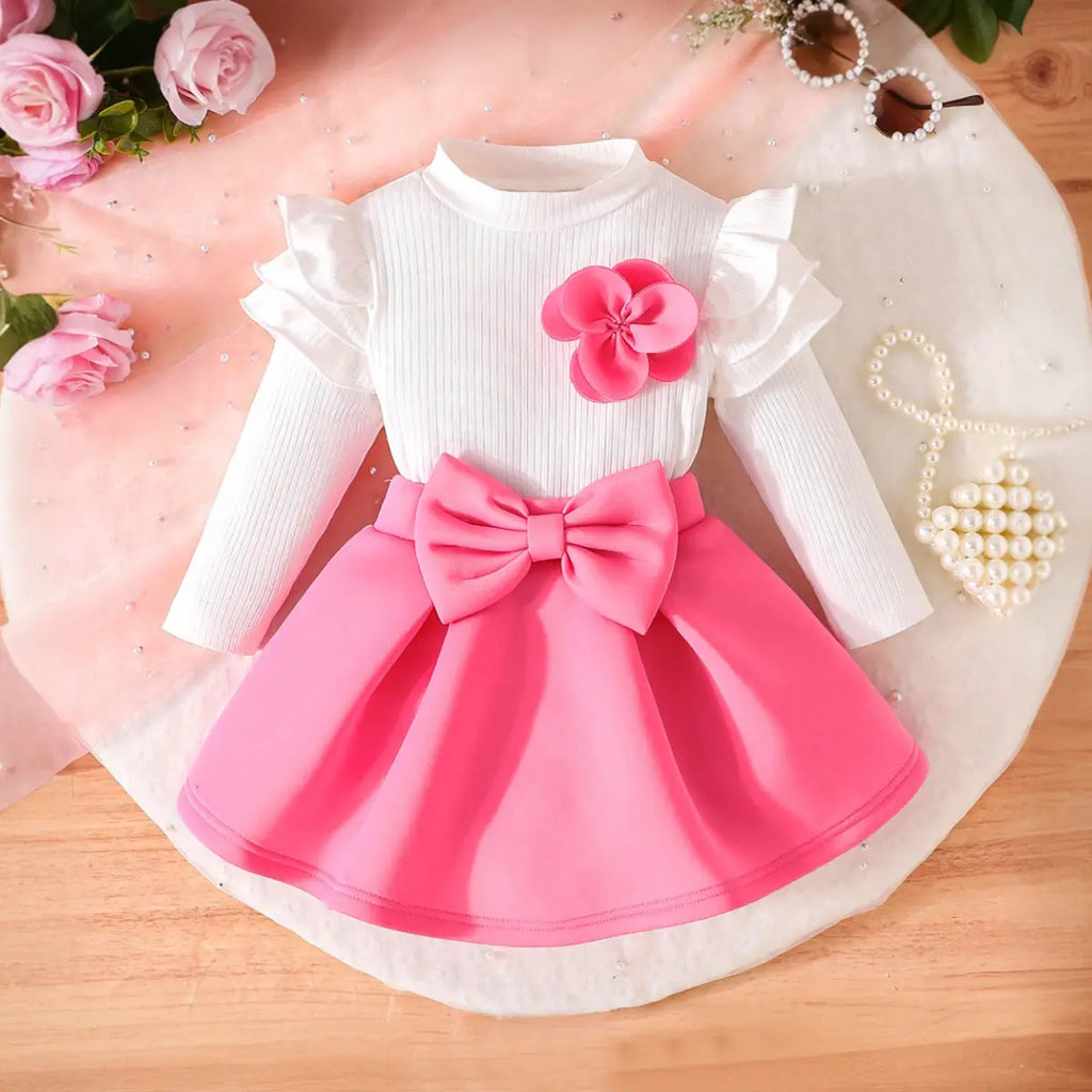 Girls Flower Appliqued Top With Pink Pleated Skirt Sets Sets Pink 1-2 Y